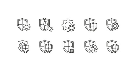 Set of minimalist thin line icons representing security and settings, featuring shields combined with gears and wrenches, suitable for web design, app interfaces, banners, social networks, and