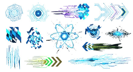 Futuristic glowing digital elements and abstract shapes, including circuit board patterns, atomic models, and geometric designs, rendered in vibrant blue and purple hues on a black background