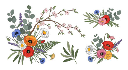 Vibrant hand-drawn floral arrangements featuring colorful wildflowers like poppies, daisies, cornflowers, and lavender, complemented by elegant branches with delicate pink blossoms and lush