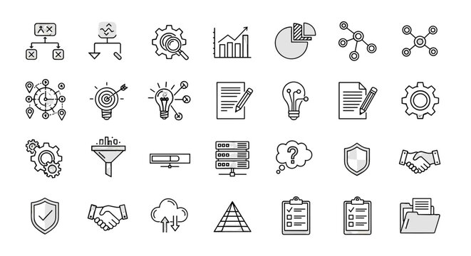 Algorithm and Infographics Outline Image Collection: A versatile set of editable stroke vector graphics perfect for infographics, articles, books, flyers, and banners, showcasing concepts like data