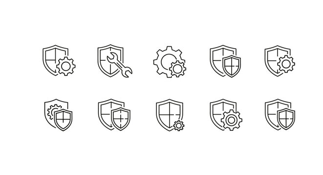 Set of minimalist thin line icons representing security and settings, featuring shields combined with gears and wrenches, suitable for web design, app interfaces, banners, social networks, and