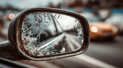 Cracked side mirror reflecting a busy city street with blurred vehicles and warm tones creating an urban atmosphere in the background emphasizing movement and life.