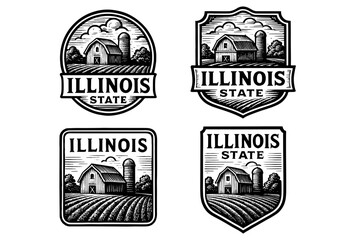 Obraz premium Engraved illustration set featuring vintage designs of Illinois state with barns and fields