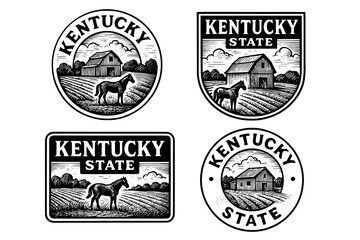 Obraz premium Engraved vector illustrations showcasing Kentucky state symbols with barn and horse designs