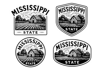 Engraved vector illustration set showcasing Mississippi landscapes with rustic barns and fields in black and white artwork