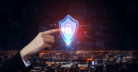 Digital security shield providing network protection and data privacy. This represents a firewall...