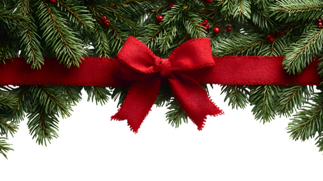 Red ribbon banner with green fir twigs forming a Christmas greeting frame isolated on white background