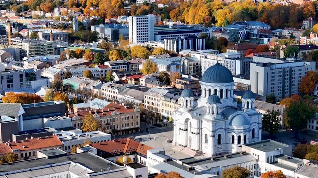 Soboras - St. Michael the Archangel Church Sobor. Aerial drone 4k video footage of Kaunas city center and Laisves aleja, Liberty avenue in Kaunas. Autumn