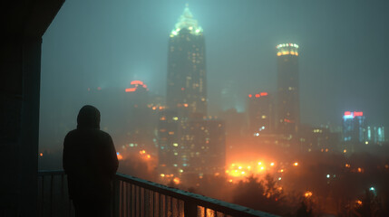 Mysterious figure standing on balcony overlooking city skyline shrouded in fog and illuminated by vibrant neon lights at night, creating an atmospheric urban scene.