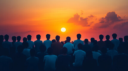 Back view of silhouetted crowd watching sunrise with warm glowing sky creating a peaceful inspiring scene symbolizing hope unity reflection and the beauty of new beginnings