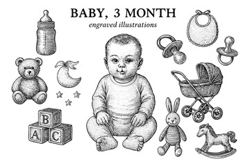 Engraved illustrations capturing the essence of a baby and its playful surroundings at three months old