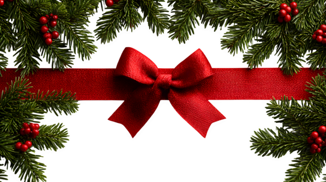 Red ribbon banner with green fir twigs forming a Christmas greeting frame isolated on white background