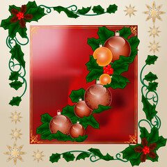 Elegant festive illustration featuring a red and gold Christmas frame decorated with shiny ornaments holly leaves berries golden snowflakes Perfect for holiday greeting cards invitations banner poster