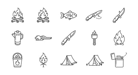 A collection of isolated vector line icons representing camping and outdoor activities, including a bonfire, fish, folding knife, tent, and lighter, perfect for interface design, social media posts