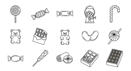 Collection of outline-style candy illustrations, including lollipops, gummy bears, chocolates, candy canes, and a gumball machine, perfect for infographics, articles, books, flyers, and banners