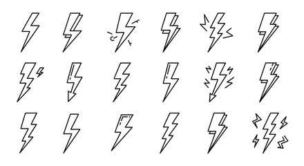 Collection of Simple Linear Lightning Bolt Icons, Perfect for Web Sites, Books, Cards, and Apps, Editable Stroke Vector Cartoon Illustrations with a White Background, Symbolizing Energy, Power, and