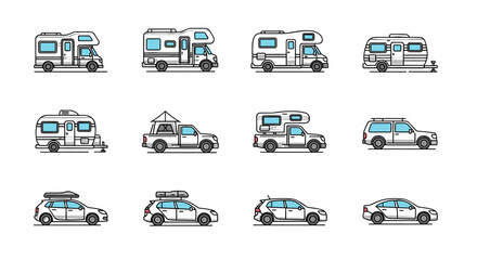 Collection of stylized, flat line art icons representing various recreational vehicles and cars, including motorhomes, campers, SUVs, and station wagons, perfect for graphic design, web applications