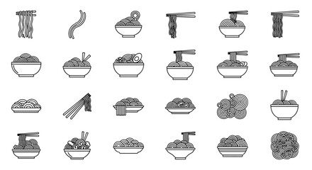 Collection of noodle icons and symbols in outline style, perfect for graphic and web design, apps, adverts, and various cards. This vector cartoon illustration features a white background and an
