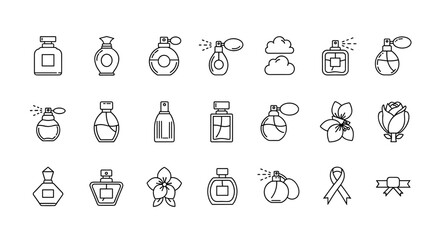 Collection of minimalistic line icons representing perfume bottles, flowers, and ribbons, perfect for web design, graphic design, apps, banners, social networks, and cards. This vector cartoon