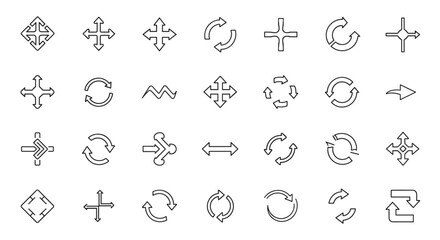Diverse Collection of Arrow Line Icons: A Comprehensive Set of Outline Signs for Graphic Design, Web Development, App Interfaces, Advertisements, and More. This Vector Illustration Features Various