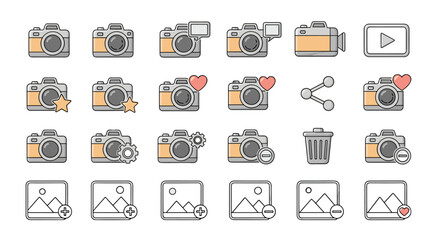 Collection of outline icons representing cameras, video cameras, and image-related actions like adding, deleting, sharing, liking, and settings, perfect for digital interfaces, infographics, and
