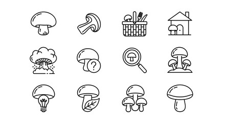A collection of 16 unique mushroom-related line icons, presented as outline signs perfect for graphic and web design, app interfaces, advertisements, and various card designs, rendered as a vector
