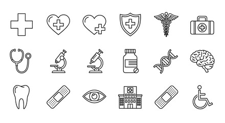 A comprehensive collection of medical and healthcare-related line icons, featuring a cross, heart with cross, shield with cross, caduceus, first aid kit, stethoscope, microscope, syringe, pill