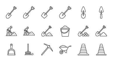 Collection of shovel-related line icons, featuring outline signs for graphic and web design, apps, adverts, and various cards. This vector cartoon illustration includes a white background, showcasing