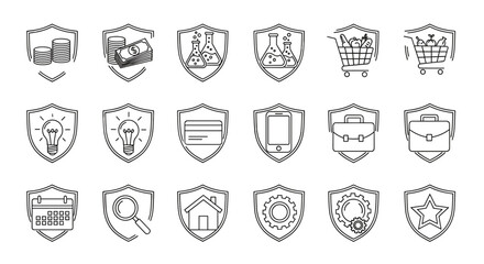 Collection of simple linear shield outline icons representing business, finance, science, and lifestyle concepts, including money, coins, lab flasks, shopping carts, lightbulbs, credit cards