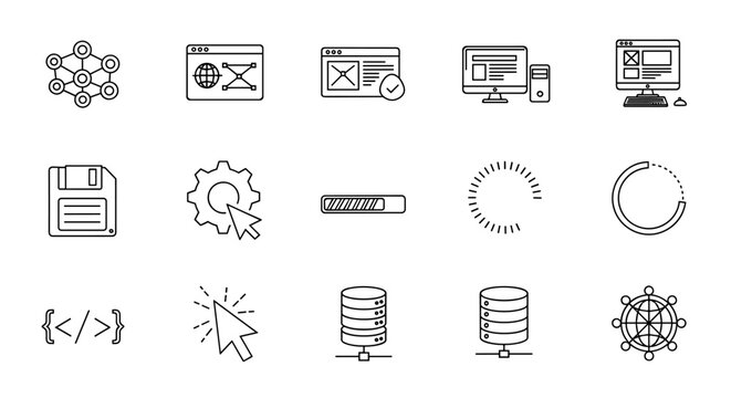 Information Technology Web Icon Set in Line Style: A comprehensive collection featuring network nodes, browser windows with globe and checkmark, desktop computers, floppy disk, gear with cursor