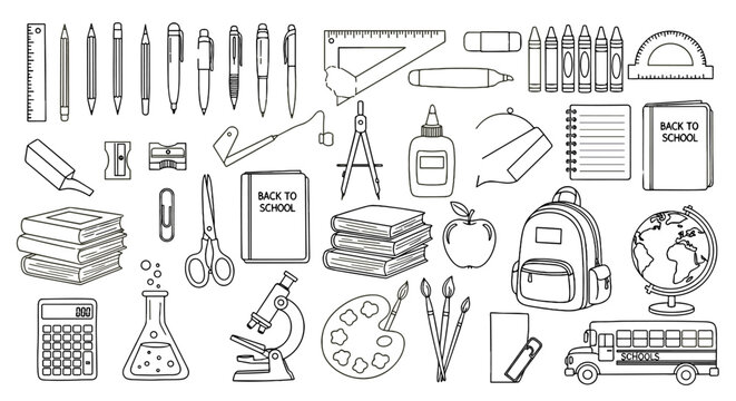 A comprehensive collection of hand-drawn school supplies and educational elements, perfect for back-to-school themes, stationery design, and wrapping paper. This doodle set includes pens, pencils