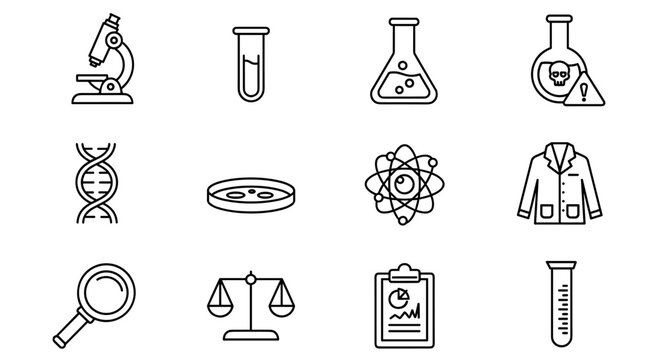 Set of laboratory icons, including experiment, test tube, microscope, flask, chemical, biology, research, lab, DNA, petri dish, atom, lab coat, magnifying glass, scales of justice, clipboard with