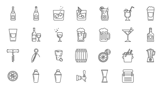 Collection of Simple Alcohol-Related Vector Line Icons, Featuring Champagne, Whisky, Cocktails, Shots, Beer Mugs, Wine Glasses, Barrels, and Bartending Tools, Perfect for Beverage and Hospitality
