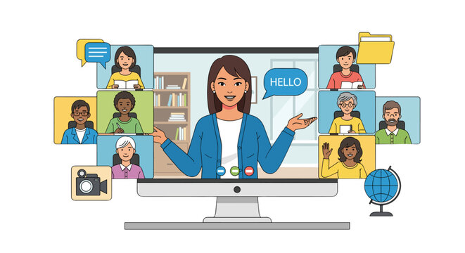 Vivid illustration of a teacher conducting a live video class with diverse students on a desktop screen, showcasing remote education and e-learning, ideal for communication and collaboration