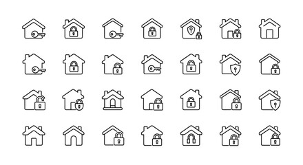 A collection of minimalistic linear house icons, each featuring a lock or key symbol, representing security, home ownership, and real estate concepts. These clean, outline-style pictograms are