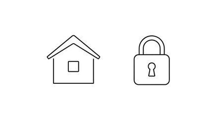 Minimalistic thin outline icon of a house and a lock, symbolizing security, privacy, and home protection. Ideal for web design, graphic design, app interfaces, banners, social networks, and greeting