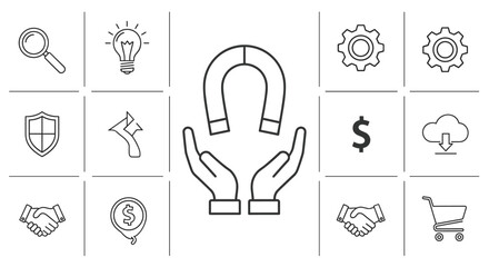 Collection of simple linear outline icons on a black background, featuring a magnet held over open hands, a magnifying glass, a lightbulb, gears, a shield, a dollar sign, a cloud with download arrow