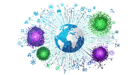 Vibrant global network connection concept visualizing big data and social network communication across interconnected computer networks, illustrating the power of internet technology and its impact