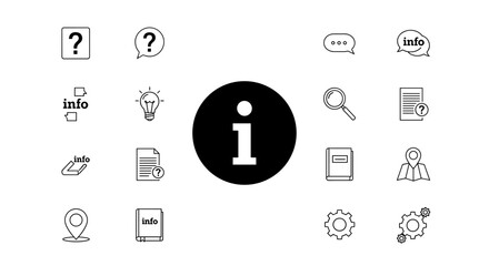Information icons set, isolated on white background. A collection of vector graphic elements including question marks, speech bubbles, light bulb, magnifying glass, documents, map pin, book, gears