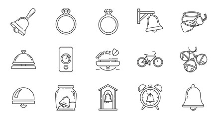 A collection of line art icons related to rings and bells, featuring editable strokes. This versatile vector set is perfect for infographics, articles, books, flyers, and banners, offering a clean