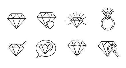 Set of eight diamond icons in a thin line style, featuring a single diamond, a diamond with a heart, a sparkling diamond, a diamond on a ring, a diamond with an arrow indicating growth, a diamond in