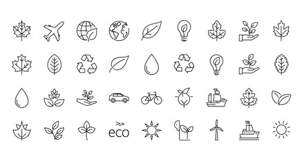 Global Thin Line Icon Set Featuring Leaves, Airplane, Eco-Friendly Symbols, and More - Perfect for Graphic Design, Web Development, Apps, Advertisements, and Various Cards - Vector Cartoon