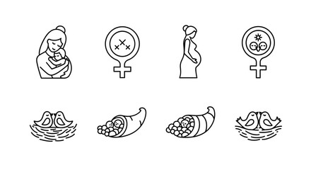 Outline icon set of cultural motherhood symbols, including a mother and child icon, fertility symbol, nesting birds, and other representations of maternal care and family bonds, presented in a clean