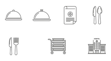 Collection of simple line icons representing hospital food services and medical elements, including covered trays, a medical chart, cutlery, a meal cart, and a hospital building, presented on a clean