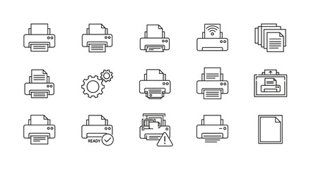 Set of 15 line art icons representing printers and printing processes, including wireless connectivity, document stacks, error alerts, and readiness indicators, all rendered with a chalk-like texture