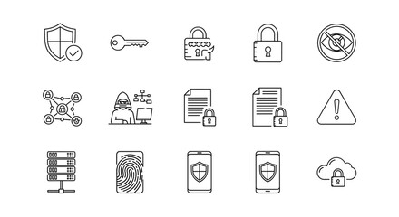Cybersecurity icon set featuring data protection elements like antivirus, password security, privacy shields, padlocks, network connections, hacker symbols, warning signs, and more, presented as