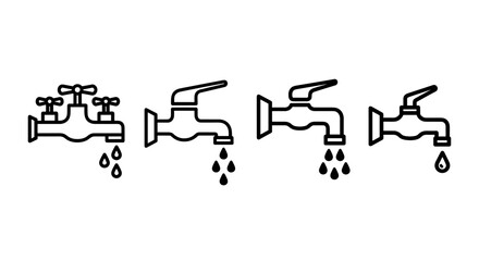 Set of four black and white faucet icons with water droplets in a simplistic line art style, representing different types of taps and water flow, presented on a clean white background for versatile