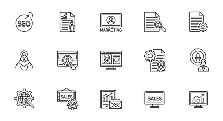 Digital marketing icon set including SEO, content, website, social media, sales, and online advertising concepts, presented as a solid vector symbol collection for business and technology