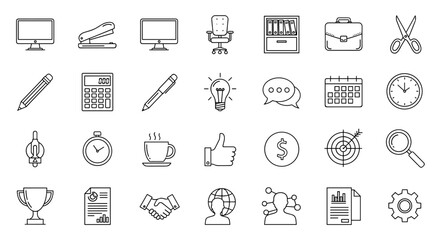 A comprehensive collection of outline vector icons representing various aspects of office work, including essential equipment, tools, stationery, and worker-related elements, presented in a clean