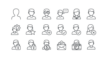 Collection of diverse avatar line icons and outline signs, perfect for graphic and web design, apps, adverts, and various cards. This vector cartoon illustration features a range of user profiles
